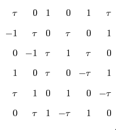 $\displaystyle \begin{array}{rrrrrr} 
 \tau & 0 & 1 & 0 & 1 & \tau   
 -1 & \t...
...
 \tau & 1 & 0 & 1 & 0 & -\tau   
 0 & \tau & 1 & -\tau & 1 & 0 
 \end{array}$